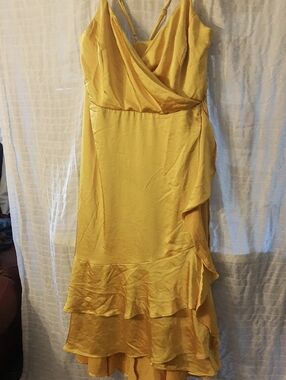 Nine West Mustard Yellow Ruffle-Trim Midi Dress